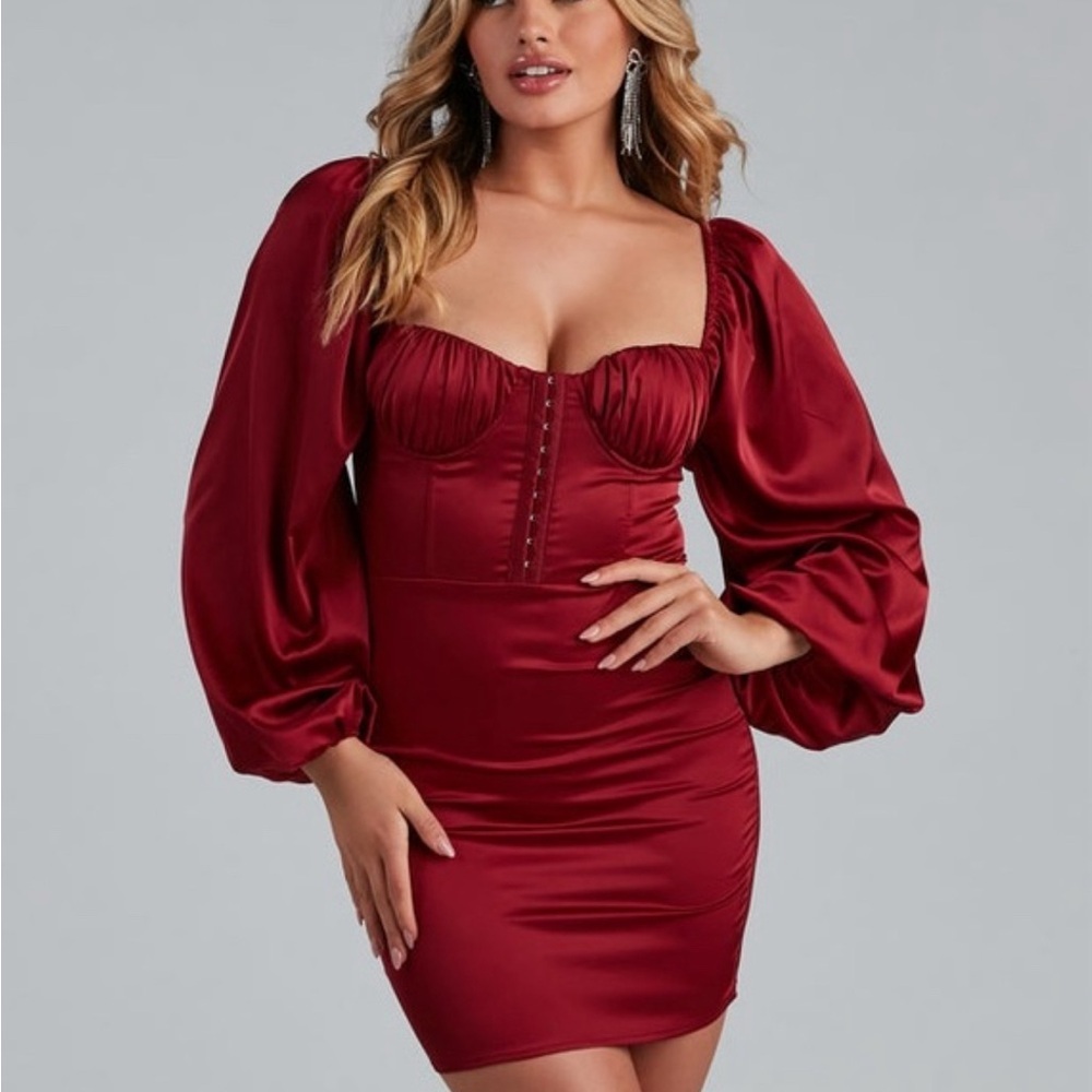 Windsor Burgundy Satin Mini Dress with Puff Sleeves NWOT